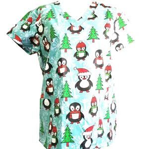 Gabby Brooke Holiday Winter Penguin Scrub Top Size S Pockets NEW Blue & Green